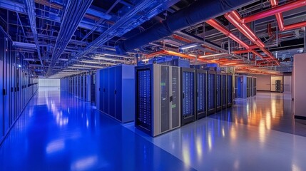 Poster - Data center operation showcase modern facility high-tech environment blue lighting professional viewpoint efficiency concept