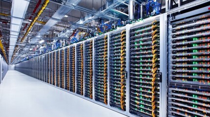 Poster - Data center operations technology infrastructure server management digital environment wide angle view efficiency in computing