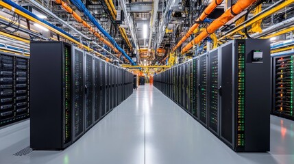 Poster - Data center operations overview high-tech facility infrastructure industrial environment wide angle view technology insights