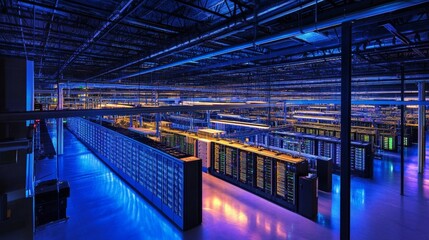 Poster - Data center operations high-tech infrastructure inside a server facility futuristic environment wide-angle perspective