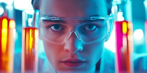 Aufkleber - a focused scientist examines vibrant test tubes filled with colorful liquids. the scene captures the