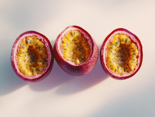 Wall Mural - three halved passion fruits on a light background