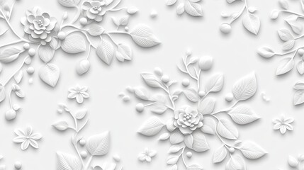Poster - This seamless pattern features intricately embossed grey leaves on a simple background, ideal for modern and stylish designs SEAMLESS PATTERN