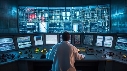 Poster - control room operations in high-tech facility science laboratory monitoring systems futuristic envir