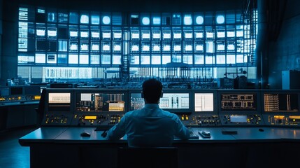 Poster - operator monitoring high-tech control room industrial facility digital environment nighttime surveil