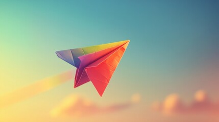 Poster - Colorful paper airplane soars against vibrant sky creative concept digital art inspirational setting aerial view