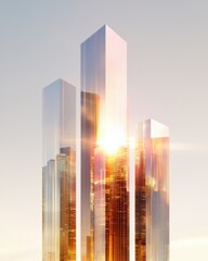 Poster - Dynamic abstract city skyline with glowing bars at sunset digital art urban environment futuristic perspective