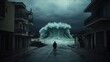 © Edi Purnomo - Man facing giant wave, apocalyptic coastal scene.