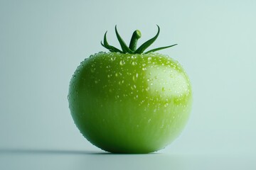 Wall Mural - close up of a single green tomato with water droplets on it