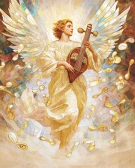 Wall Mural - Heavenly melodies archangel sandalphon playing the lyre amidst musical notes divine atmosphere artistic vision