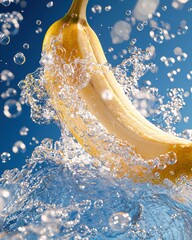 Poster - Banana sinking into vibrant blue water with bubbles underwater dynamic environment close-up view
