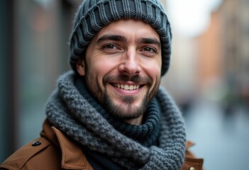 Wall Mural - A young man wearing a gray knitted hat and scarf smiles warmly.