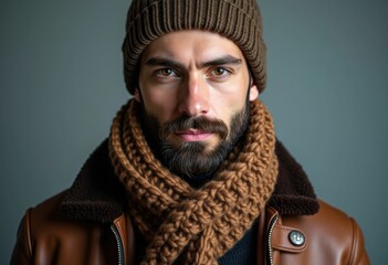 Wall Mural - A man with a beard wearing a brown knitted scarf and hat.