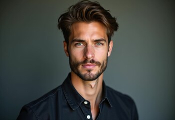 Wall Mural - A young man with a beard and green eyes stares intently at the camera.