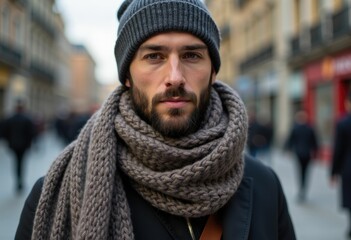 Wall Mural - A bearded man in a gray knit hat and scarf looks directly at the camera on a city street.