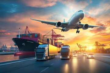 Busy international port with cargo operations involving a plane, ship, and trucks at sunset