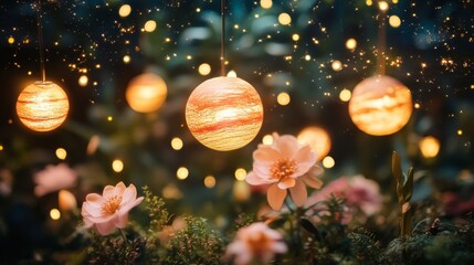 Poster - Enchanting celestial orbs illuminate floral garden magical night scene dreamy atmosphere whimsical nature vibe