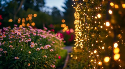 Poster - Magical garden evening with twinkling lights and colorful flowers enchanted setting nature photography close-up perspective