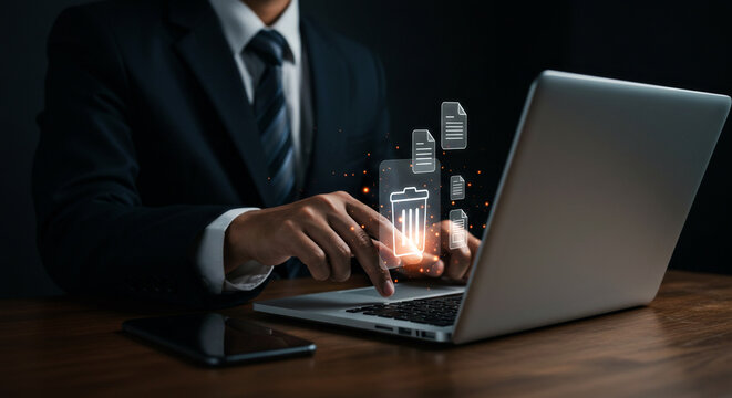 Businessman Deleting Files with Laptop and Recycle Bin Icon