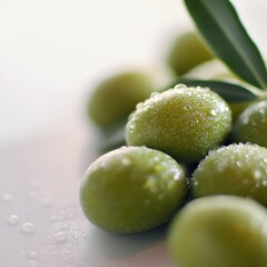 Wall Mural - close up of fresh green olives with water droplets