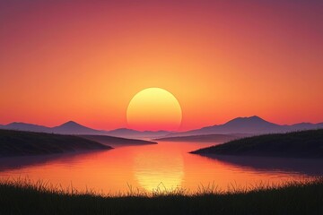 Wall Mural - sunset over a lake with mountains and a large orange sun