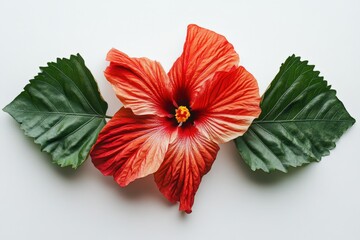 Wall Mural - red hibiscus flower with two green leaves on a white background