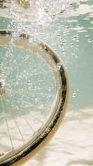 Poster - Bicycle wheel sinking underwater clear water bubbles rising close-up view abstract concept