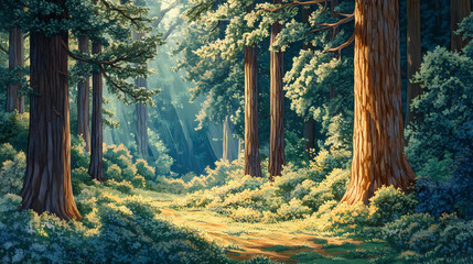 Wall Mural - Beautiful forest, tall trees, dappled sunlight offers a serene escape into the heart of nature. Dappled. Illustration