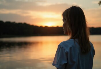 Poster - A woman stands by a lake at sunset  looking out at the water.