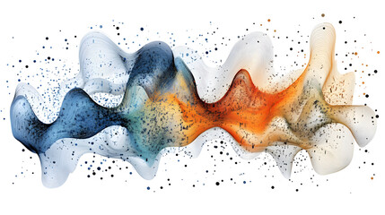 Poster - Abstract art depicting flowing, dynamic waves in shades of blue, orange, and white.  The image features subtle textures and dispersed particles, creating a sense of movement and energy.