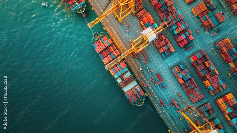 Large cargo ship docked at terminal surrounded by colorful containers in serene blue waters. Banner with copyspace.