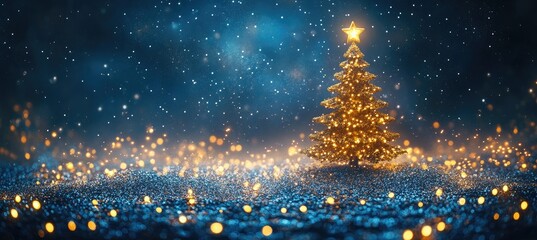 Wall Mural - a beautiful christmas tree with golden lights stands in the center of an illuminated blue background