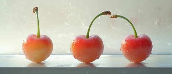 Wall Mural - three cherries with water droplets on a white surface