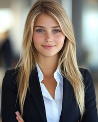 Confident young woman with long blonde hair poses in business attire in a contemporary office space