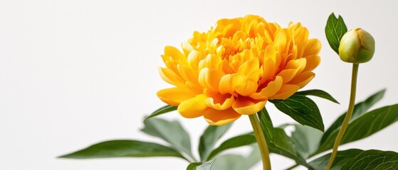 Wall Mural - yellow peony in bloom with green leaves