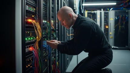 Poster - It engineer connecting cables to server rack in data center