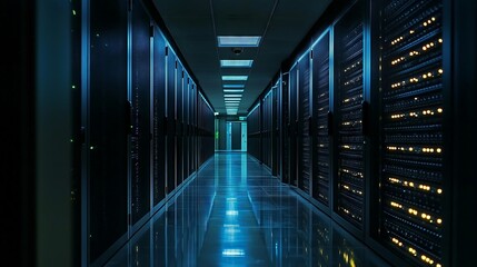 Poster - Server room corridor with blinking lights in data center