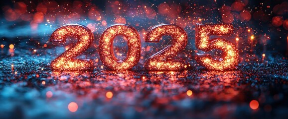 Wall Mural - 2025 in glittery numbers with festive bokeh lights in vibrant pink and blue tones generative ai