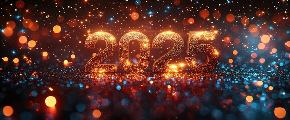 Wall Mural - Glittery red 2025 numbers with sparkling highlights and dramatic bokeh lights in a festive and vibrant atmosphere Generative AI