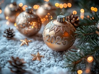 Wall Mural - Glittery silver 2025 numbers surrounded by snow-dusted Christmas ornaments, pine branches, and warm golden lights Generative AI