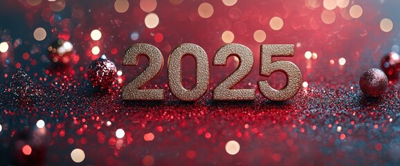 Wall Mural - 2025 in glittery numbers with festive bokeh lights in vibrant pink and blue tones generative ai