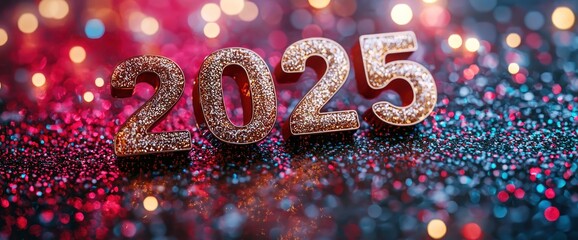 Wall Mural - 2025 in glittery numbers with festive bokeh lights in vibrant pink and blue tones generative ai