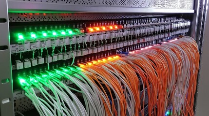 Poster - Fiber optic cables connecting to network switches with blinking led lights