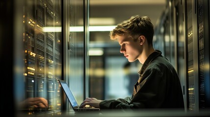 Poster - It technician working on a laptop in data center next to server racks