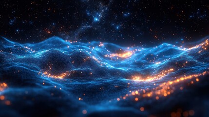 Abstract glowing blue and orange particle wave landscape.