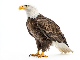 a bald eagle stands on a white background