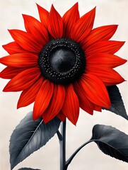 Wall Mural - A red sunflower with black and white background