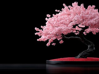 Wall Mural - A bonsai tree with pink flowers on a black background