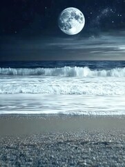 A full moon over the ocean at night with a beach in the foreground