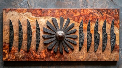 a wooden board with black knife shaped objects